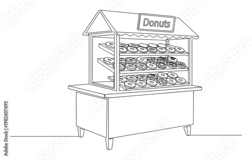 Minimalist black line art drawing of a sweet donut stand display filled with various glazed and sprinkled pastries, excellent for bakery marketing, food festival promotion, or cafe menu