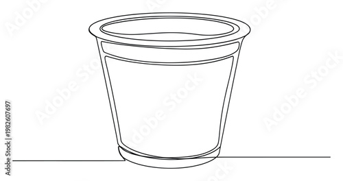 Single line art illustration depicting a disposable plastic cup often used for yogurt or dessert suitable for food industry branding or healthy snack advertisements