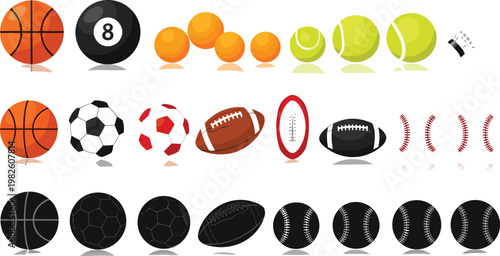 Sports Balls Set with Basketball, Soccer, Tennis, Rugby, Baseball, Billiard and Various Athletic Ball Icons Vector Illustration