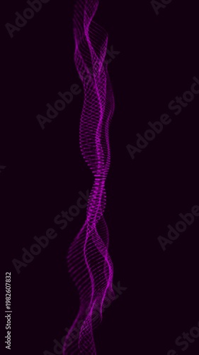 Abstract purple flowing wave of particles on dark background with sound wave with technology backgro