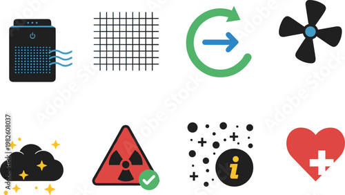 Air Purifier System Vector Icon Set Featuring HEPA Filter Fan Circulation Radiation Warning Symbols And Health Icons For Clean Environment Design