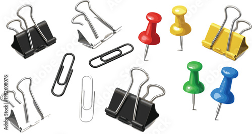 Office stationery set with binder clips paper clips and colorful push pins isolated on transparent background workplace supplies vector illustration