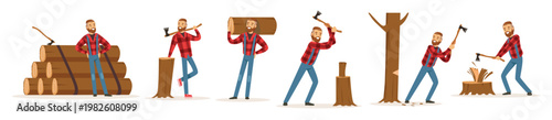 man lumberjack in action set woodcutter cartoon character 