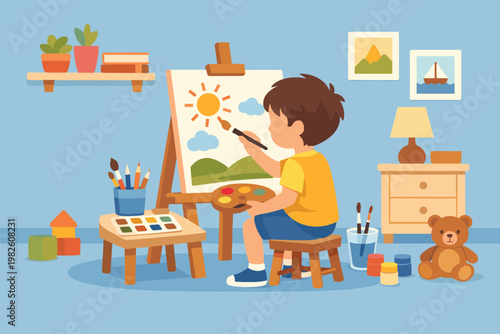 Child Painting At Easel Early Education. Early life Education Concept. Vector graphic illustration