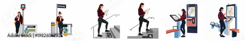 Flat vector illustrations of a young woman navigating a city subway system using digital kiosks and her smartphone for directions and route planning.