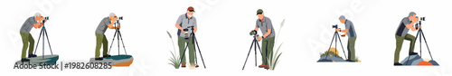 Set of six flat illustrations of an elderly male landscape photographer using a professional camera and tripod in various outdoor poses.