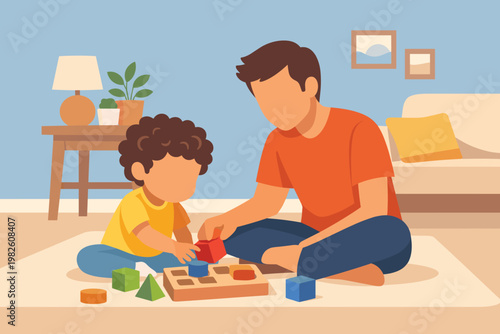 Father Teaching Child Early Life Education. Early life Education Concept. Vector graphic illustration