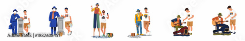 Flat vector illustrations of a tourist interacting with various street performers, including musicians, mimes, stilt walkers, and living statues on a white background.