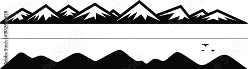 Black and white mountain range silhouette with birds