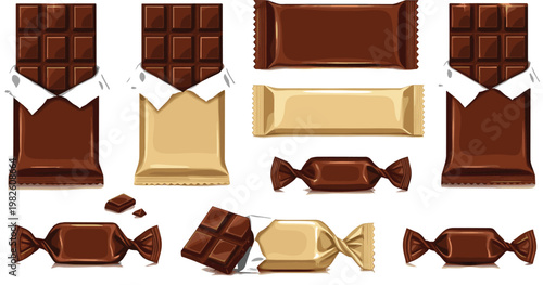 Chocolate bars and candy wrappers collection with packaging variations isolated on transparent background sweet confectionery vector illustration set