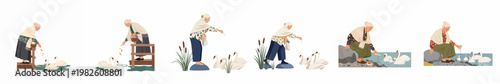 Set of illustrations depicting an elderly woman feeding white swans by the water in various peaceful outdoor scenes.