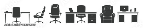 collection of modern office furniture icons including desks 