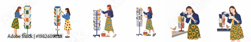 Flat illustration set of a young woman browsing and choosing postcards from various spinning display racks in a gift shop or bookstore.