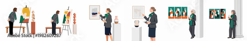 Set of flat illustrations showing professional women visiting an art gallery, viewing various abstract paintings and modern sculptures in a museum setting.