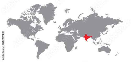  illustration of india map highlighted in red color on grey