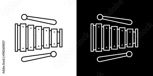 Xylophone Musical Instrument with Mallets - Simple Line Art Icon Illustration on White and Black Backgrounds
