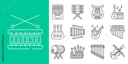Modern linear icon illustrations of diverse musical instruments, showcasing various percussion, string, and wind instruments in a clean, minimalist design