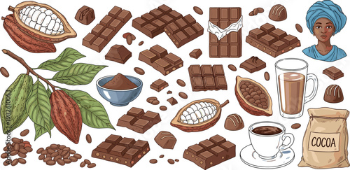 Chocolate production elements collection with cocoa beans bars drinks and ingredients isolated on transparent background confectionery process vector illustration set