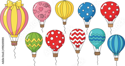 Cute decorative hot air balloons collection with patterns hearts stars and stripes isolated on transparent background colorful travel vector illustration set