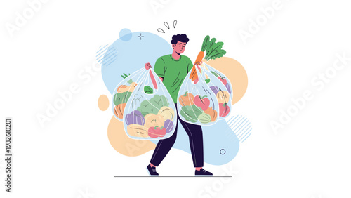 Tired man walking while carrying several heavy plastic grocery bags overflowing with various fresh vegetables and produce.