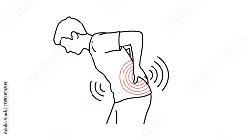 Man in white shirt bending forward while holding his lower back in pain with red concentric circles indicating localized injury.