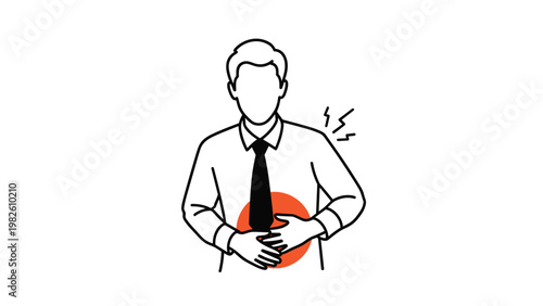 Businessman in white shirt and tie suffering from stomach ache or digestive issues represented by red circular highlight on abdomen area.