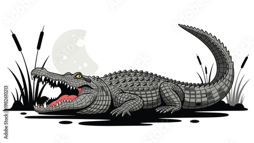 Realistic illustration of large crocodile in swamp with its mouth open showing tongue and teeth during night under crescent moon.