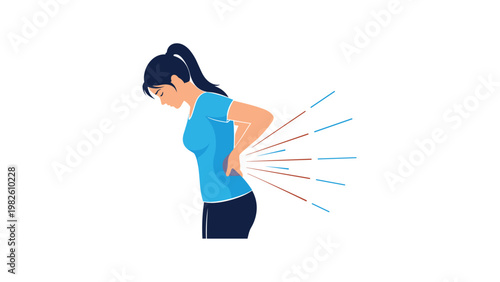 Woman in blue shirt bending over while holding her lower back in agony with radiating lines indicating severe muscle strain.