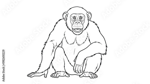 Detailed line drawing illustration of chimpanzee sitting and looking forward with calm expression on clean white background.