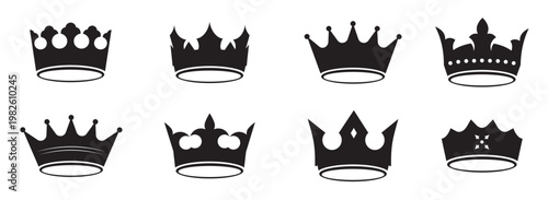  set black king crowns and icon outline illustration
