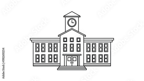 Simple architectural line drawing of two story school building with central clock tower and many windows on white background.