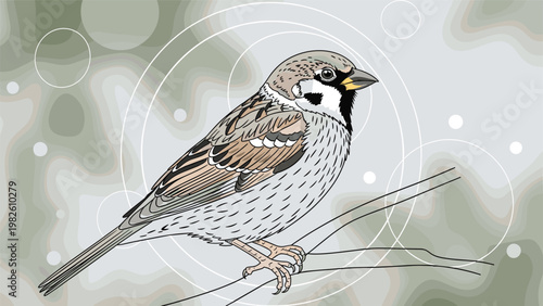 Detailed illustration of small sparrow bird perched on thin branch against abstract circular pattern background in soft colors.