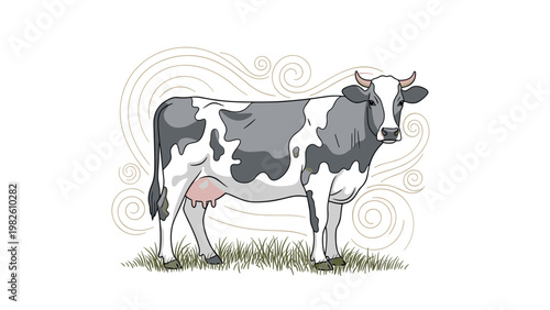 Illustration of dairy cow standing in grassy field with decorative swirls in background representing farm or country life.