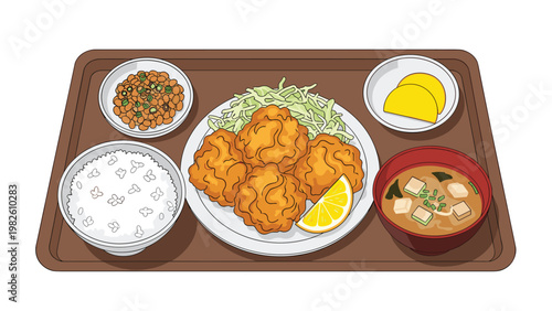 Traditional Japanese meal tray with fried chicken, bowl of rice, miso soup, natto, and pickled radish slices on brown tray.