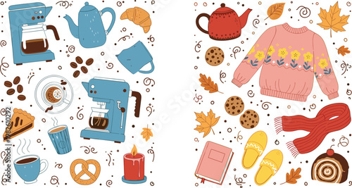 Cozy autumn elements collection with coffee tea sweater cookies and fall leaves isolated on transparent background seasonal lifestyle vector illustration