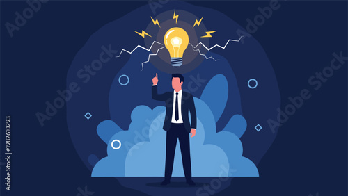 Successful businessman in dark suit with glowing lightbulb idea above his head on dark blue background with abstract clouds.