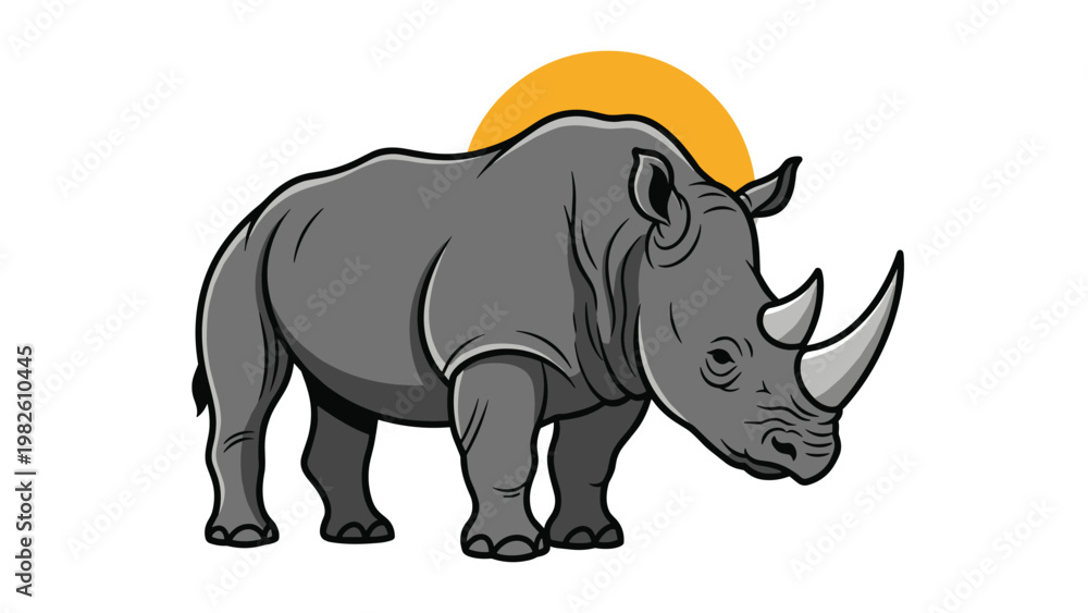 Fototapeta premium Strong and massive rhinoceros standing with large horns against a yellow sun background in a stylized color drawing.
