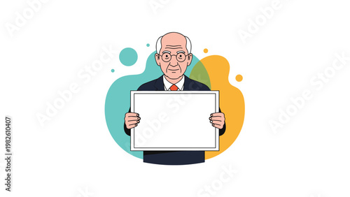 Elderly man with glasses wearing a suit and holding a large blank white rectangular board in front of him for messages.