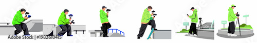 Illustrations of a young man filming and photographing with professional gear, including gimbals and tripods, in skatepark and park settings.