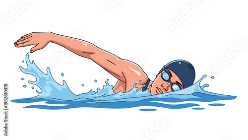 Professional swimmer performing the crawl stroke in water with splashes and wearing a swim cap and goggles in the pool.
