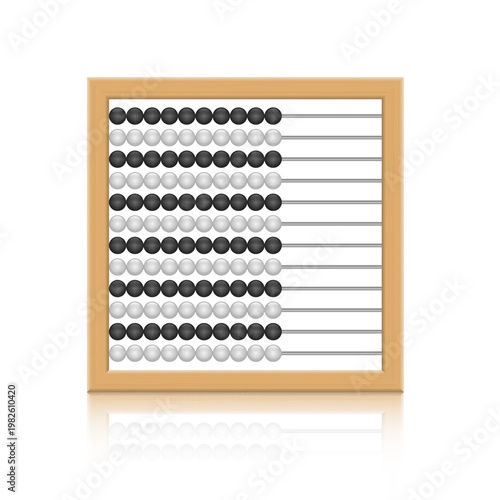 Traditional calculating tool with beads and wooden frame, reflected below.