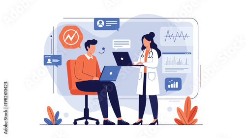 Doctor and researcher using laptops to analyze medical data and health charts shown in a flat vector illustration style.
