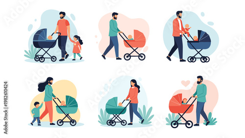 Multiple sets of fathers and mothers walking with babies in strollers showing parenting and family life activities.