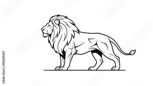 Majestic male lion with a full mane standing in profile shown in a detailed black and white line art illustration.