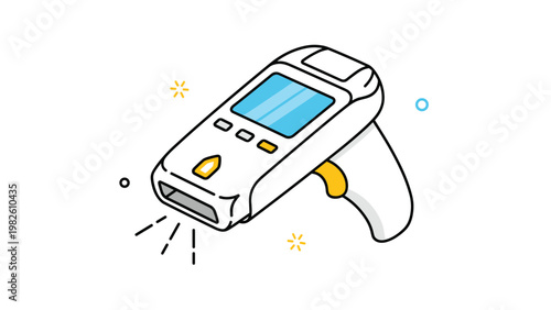 Handheld electronic barcode scanner with blue screen and yellow buttons shown in a modern flat vector illustration.
