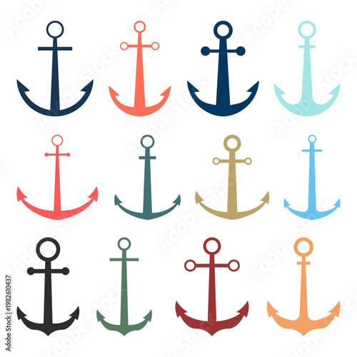 Collection of colorful anchor icons in various shapes and colors.