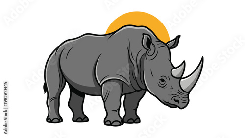 Strong and massive rhinoceros standing with large horns against a yellow sun background in a stylized color drawing.