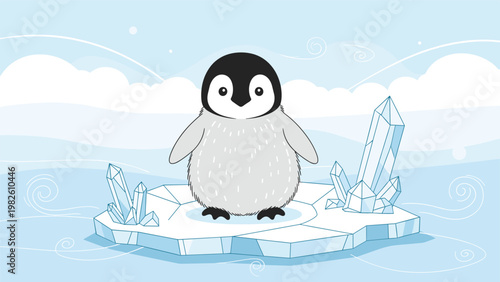 Adorable baby penguin standing on a floating iceberg in a cold winter landscape with ice crystals and snow swirls.