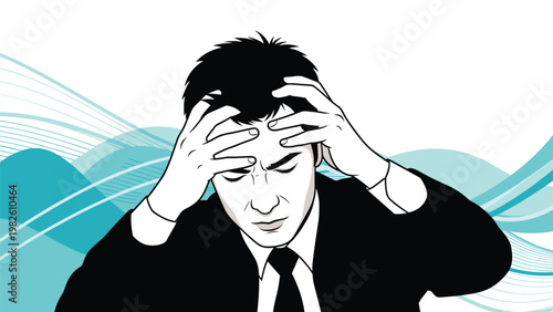 Man in a business suit holding his head in pain due to a severe headache or stress against a teal wave background.