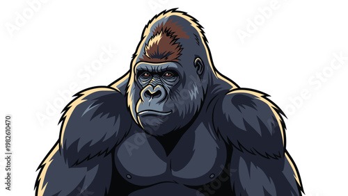 Close up portrait of a powerful gorilla looking off camera with detailed fur and facial features in a color drawing.